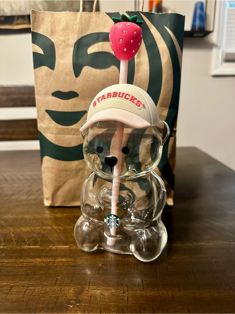 Starbucks Clear Bear Straw Cup with Pink Hat and Strawberry Topper